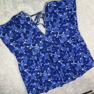 Lane Bryant Womens Floral Mesh Peplum Top Sz 18/20 Blue V Neck Tie Back Casual